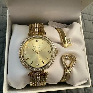 Jessica Simpson Watch Gold Tone Crystal Key Heart Bangle Bracelet Set NEW